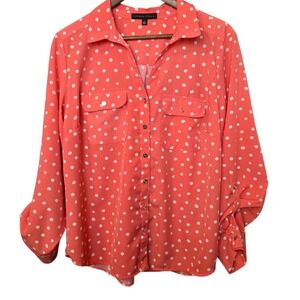 Adrienne Vittadini Womens Button Down Shirt Polka Dot Coral Blouse Size L